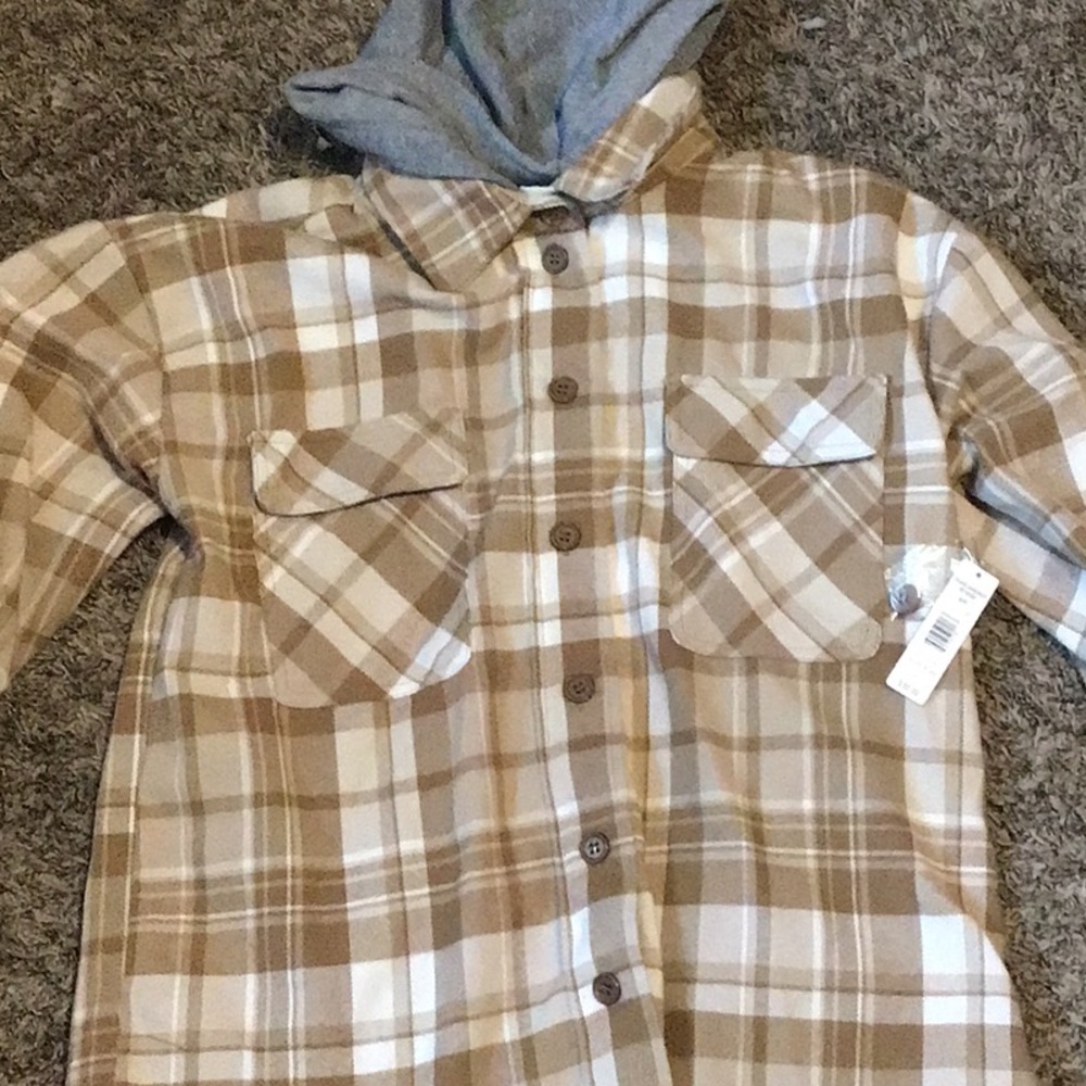 Never worn, plaid jacket with hood